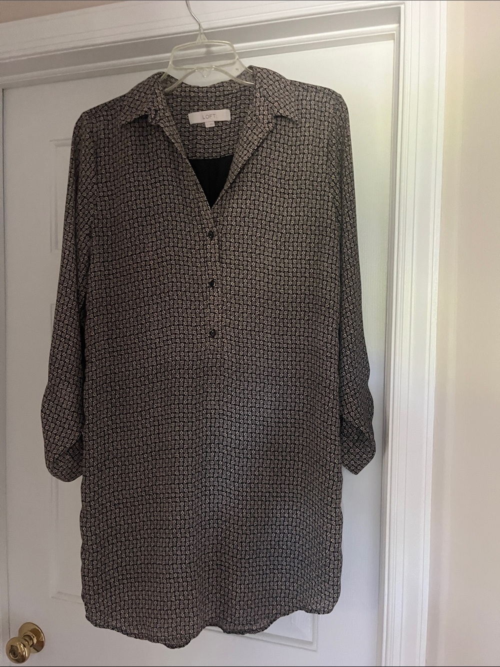 LOFT Black and Cream Patterned Shirt Dress, S